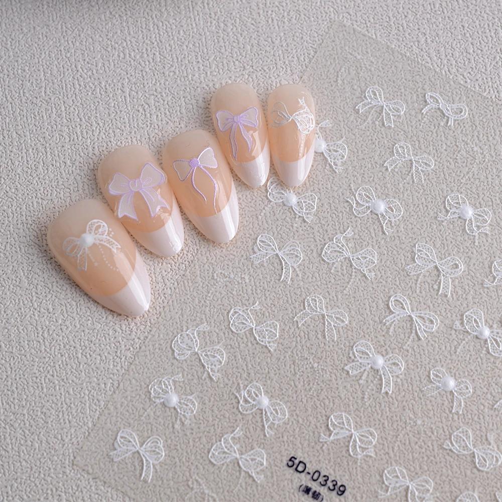 1 pièces 5D blanc dentelle nœud papillon Nail Art autocollant doux perle arc ruban auto-adhésif ongl