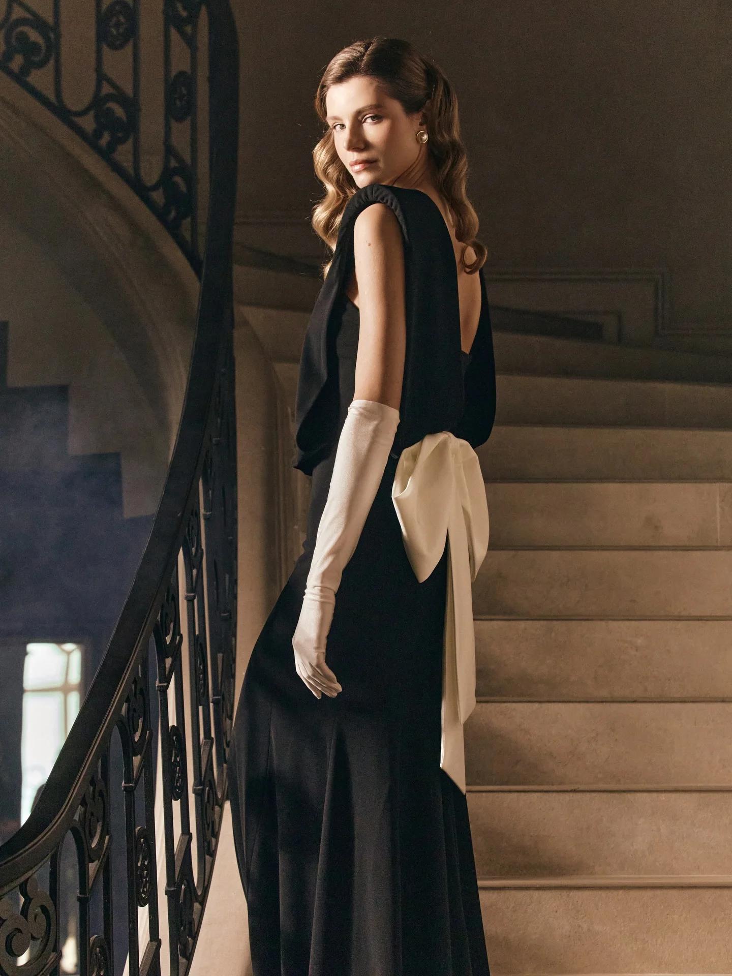 Robe de soirée sirène noire fluide sans dos pour femme, robe de bal longue sans manches avec nœud bl