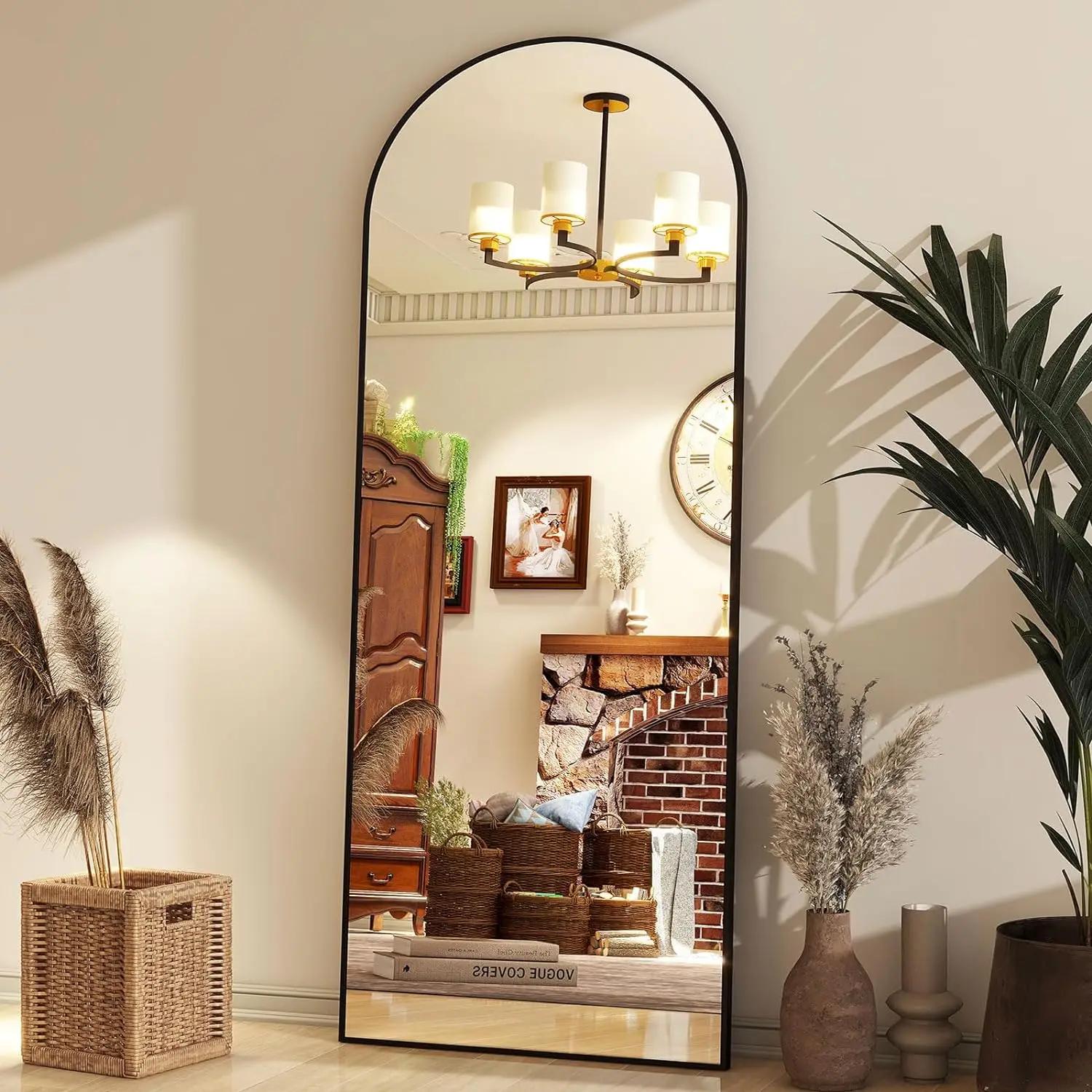Miroir de sol en arc de 65 po x 24 po, miroir mural pleine longueur avec support – Cadre en alliage 