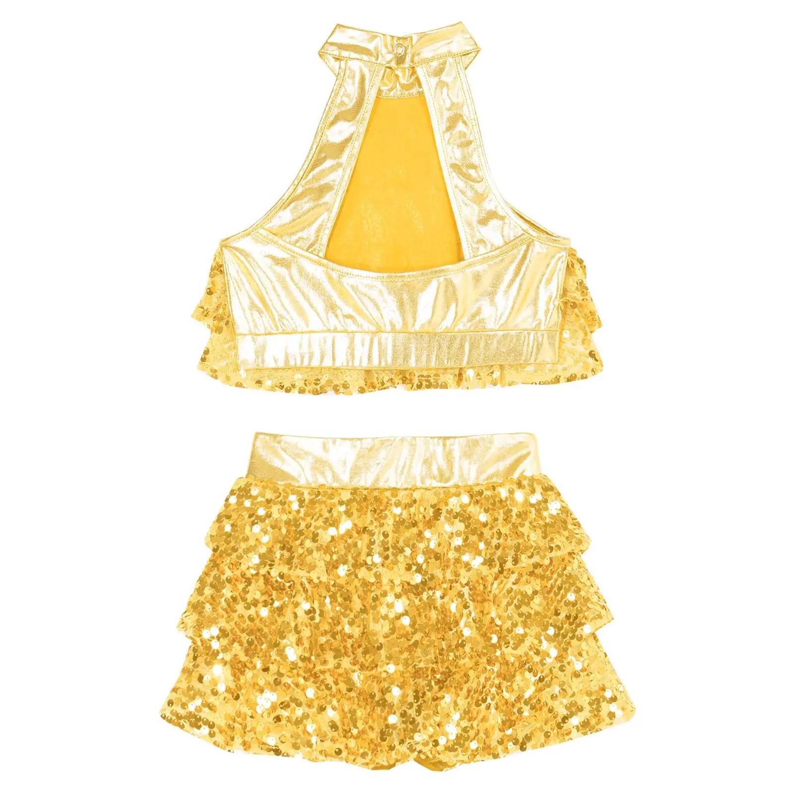 Haut court à plusieurs niveaux avec jupe pour enfants, paillettes brillantes pour filles, ensemble d