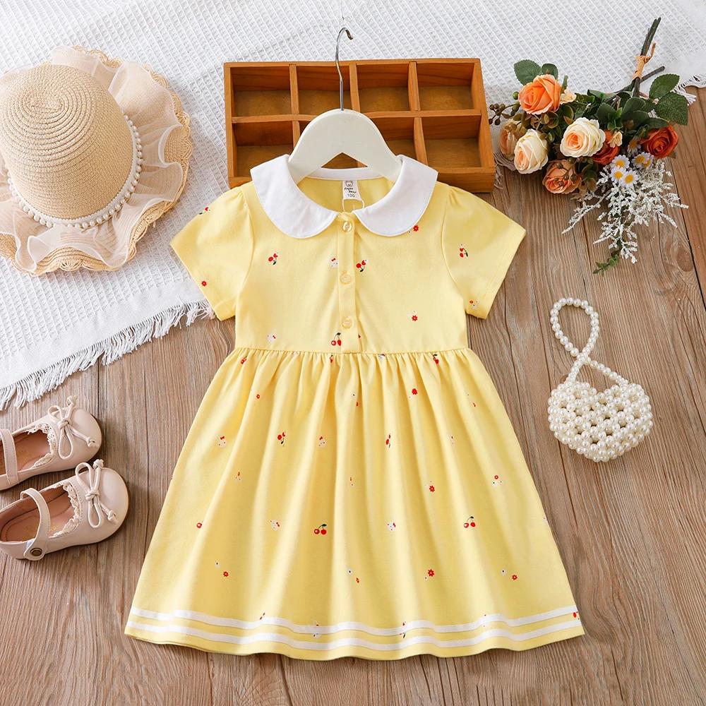 Robe d'été pour bébés filles de 2 à 6 ans, vêtements en coton à manches courtes et col rabattu