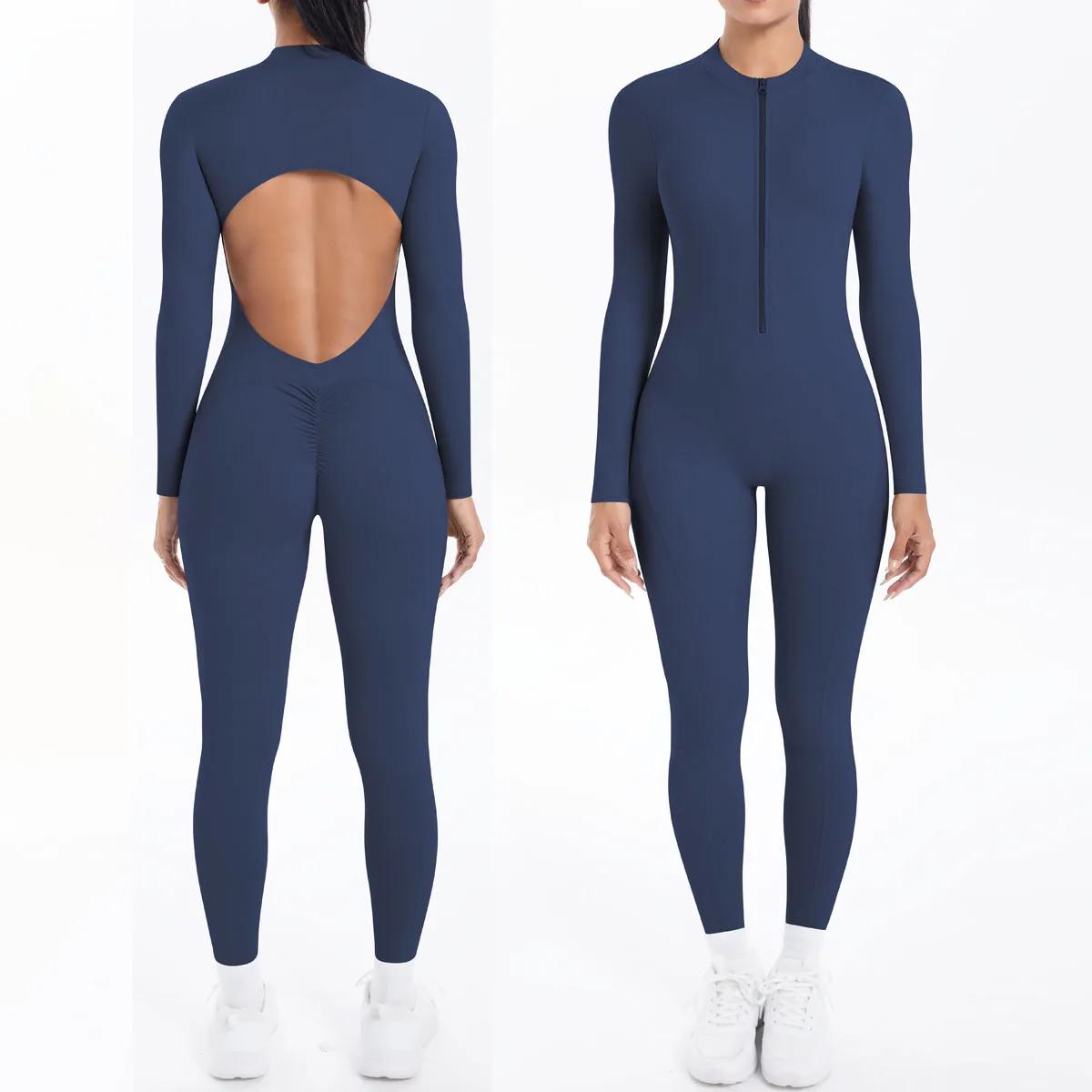 Body de couleur unie pour femmes, dos nu, manches longues, fermeture éclair, combinaisons de Yoga, h