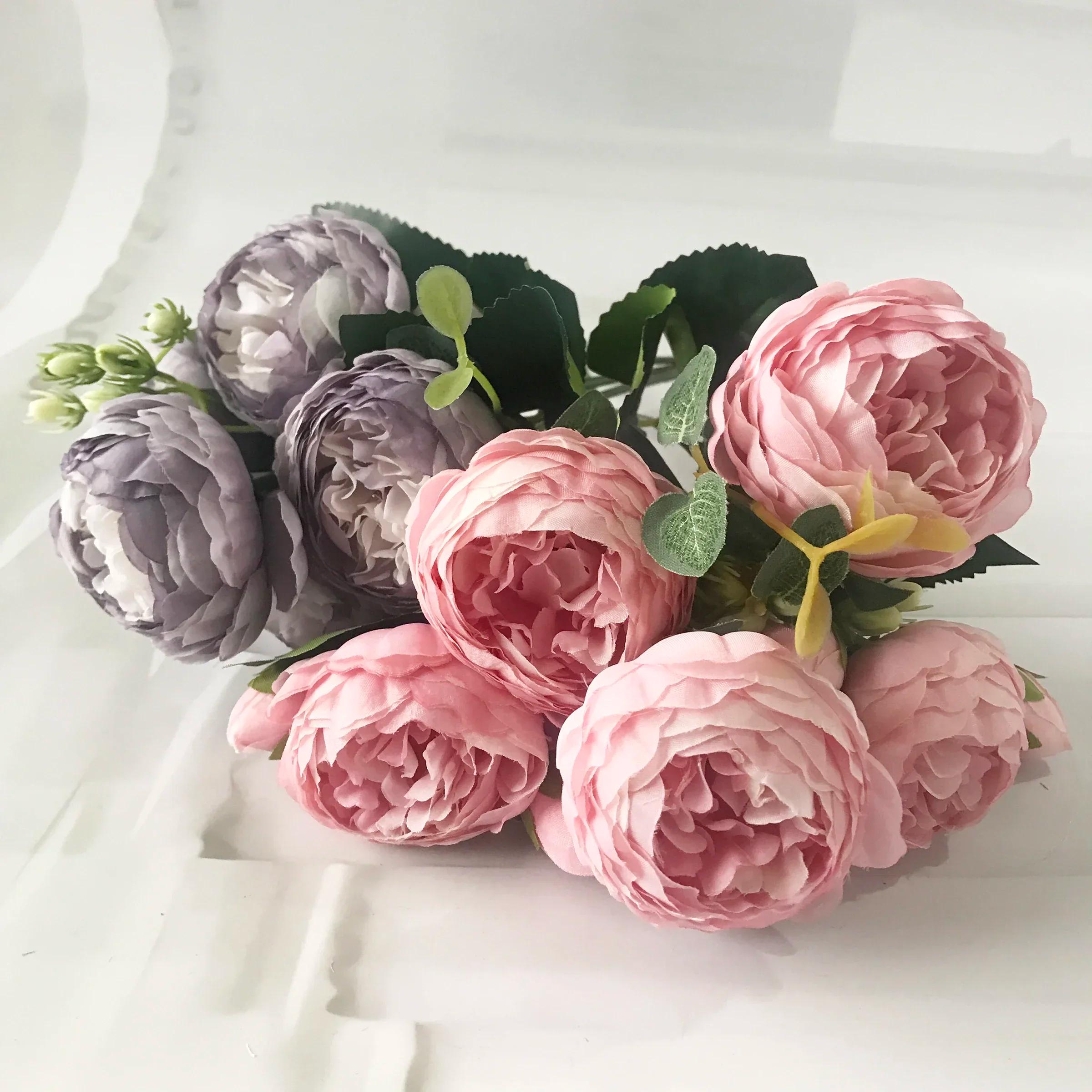 Bouquet de fleurs artificielles pivoine en soie Rose 30cm, 5 grandes têtes et 4 bourgeons, fausses f