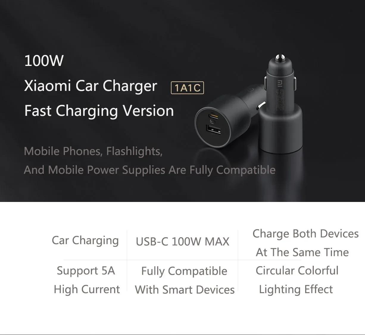 Chargeur de voiture d'origine Xiaomi 100W double Port Charge rapide sans fil Mi chargeur de voiture 