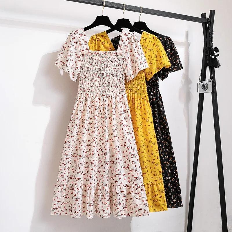 Printemps été robe en mousseline de soie femmes robes mi-longues femme à manches courtes taille élas