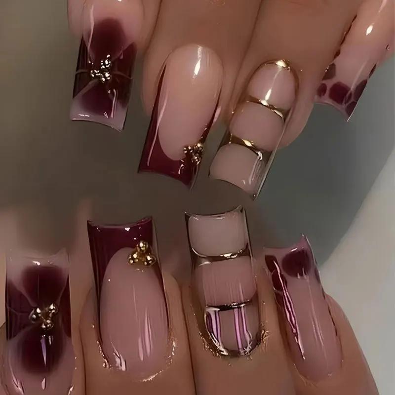 Faux ongles français en forme de cercueil, fleur rétro, longs, Caviar, perle florale, or, Design cre