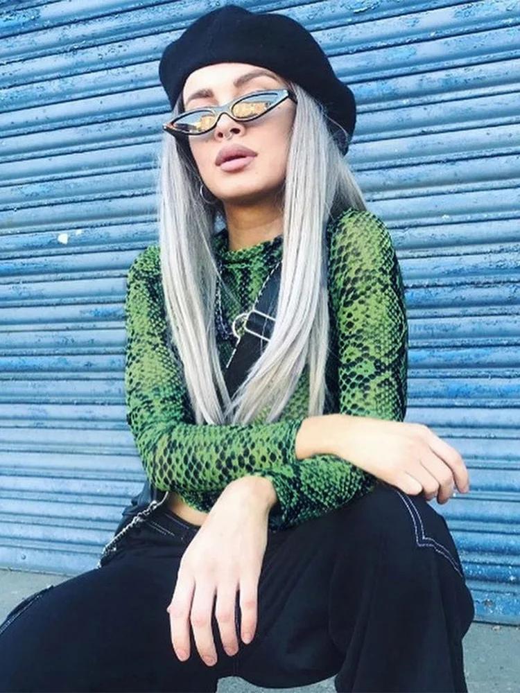 Décontracté vert serpent imprimé T-shirt femmes haut en maille à manches longues Transparent peau de