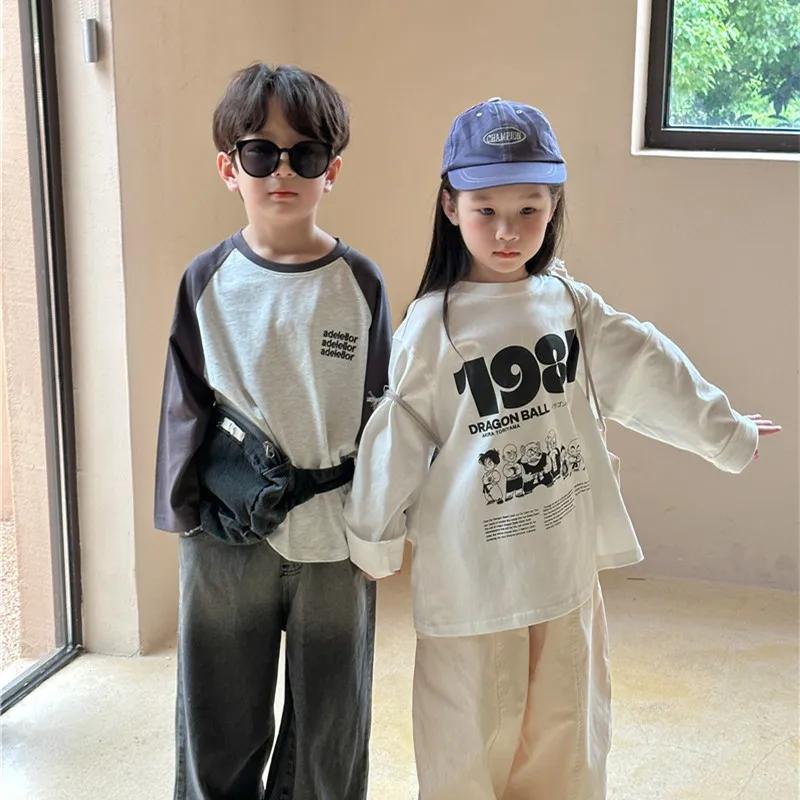 T-shirt manches longues col rond pour enfants, ample, en coton, avec lettres de dessin animé, printe