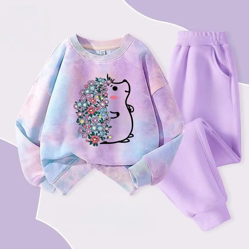 Automne bébé fille cravate colorant vêtements ensemble dessin animé imprimé pull sweats haut et pant