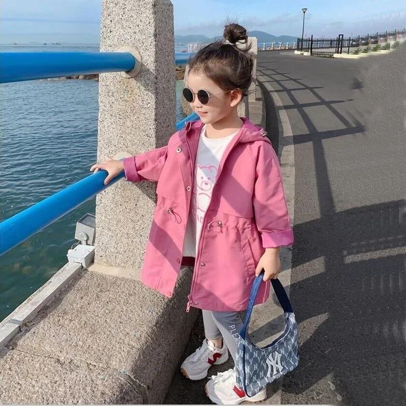 Veste coupe-vent à capuche rétractable pour filles, style long, collection printemps-automne, très v