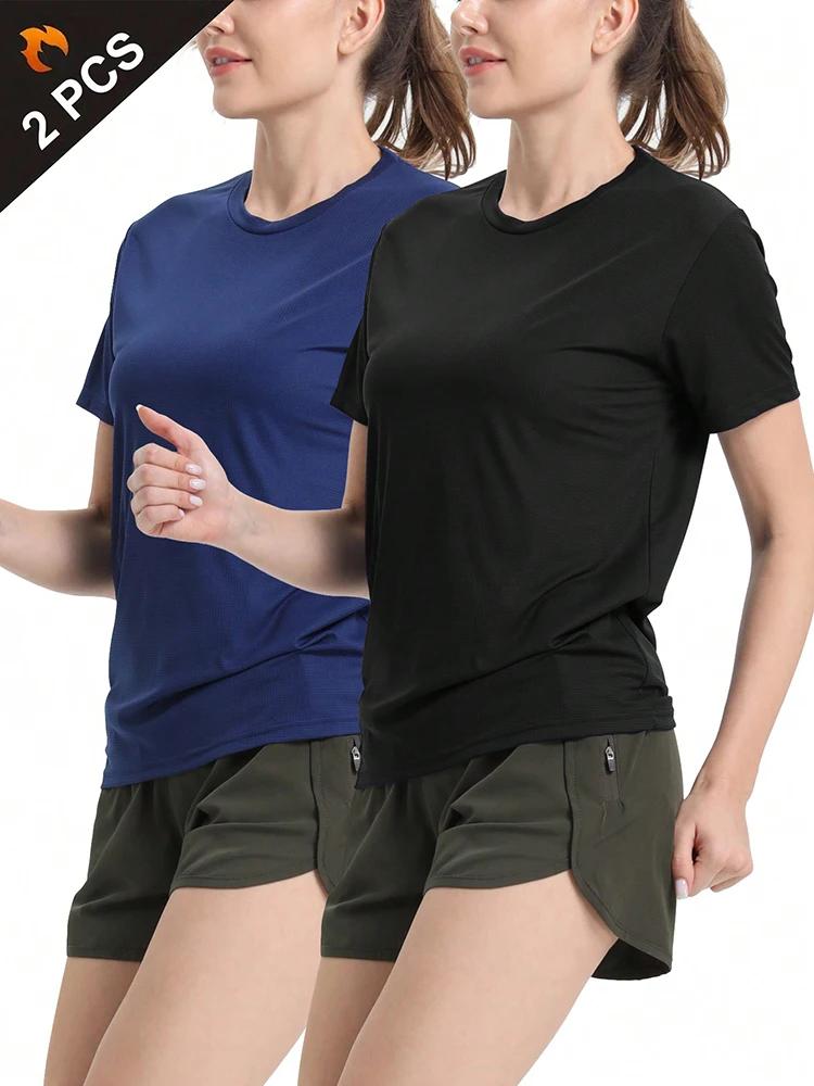 T-Shirt de Sport ultraléger à séchage rapide pour femmes, 2 pièces, couleur unie, haut léger et resp