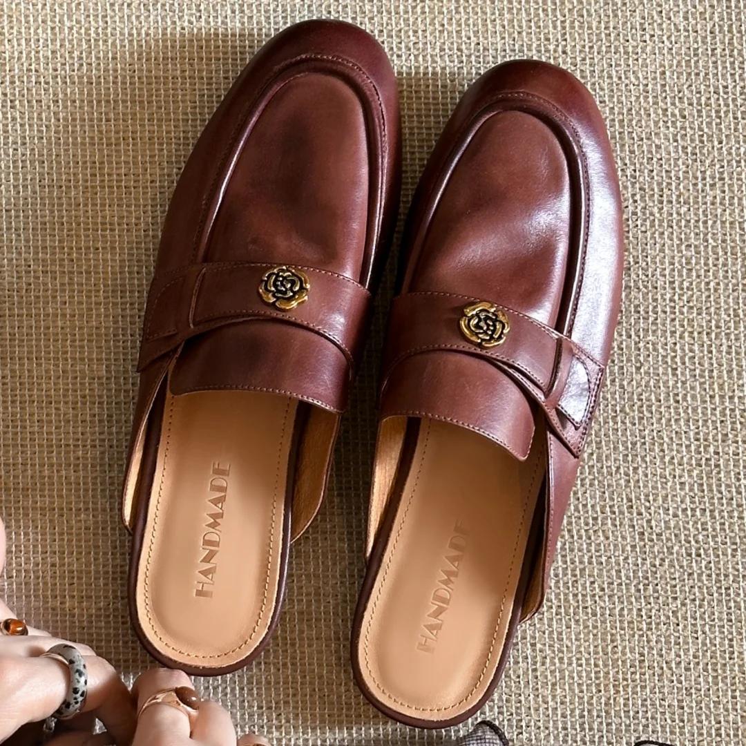 Sandales plates à enfiler en cuir de vache pour femmes, diapositives d'été de haute qualité, douces 