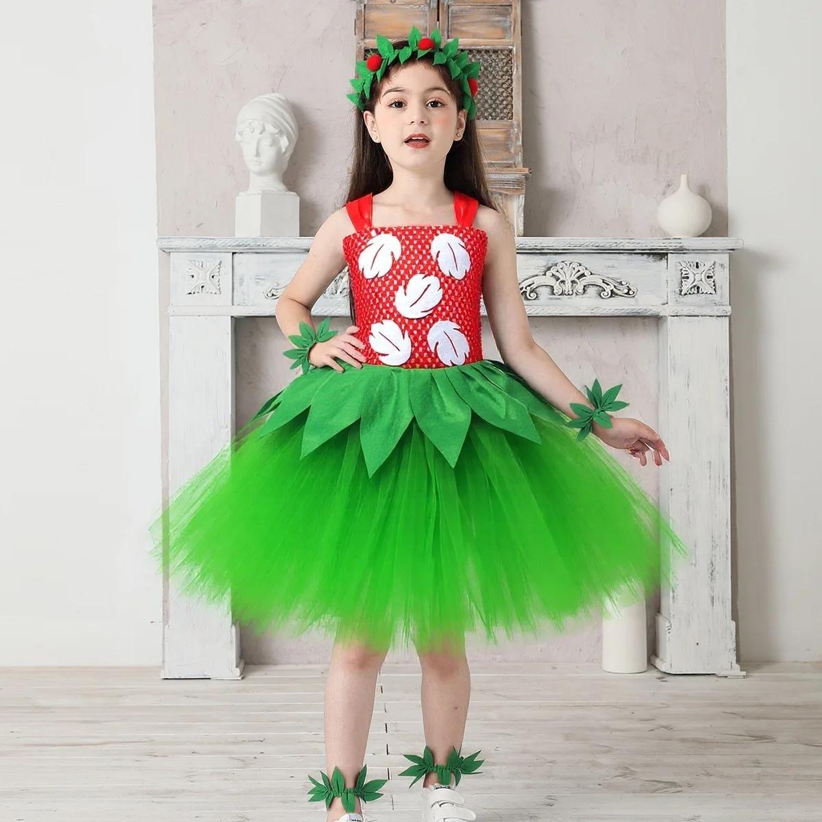 Costume d'Halloween pour filles, robe de fête hawaïenne à fleurs rouges et vertes avec couronne, ten