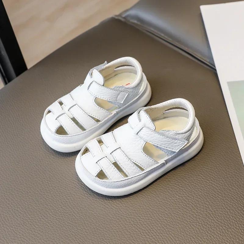 Sandales de plage coordonnantes en cuir véritable pour bébés garçons et filles, chaussures d'été déc
