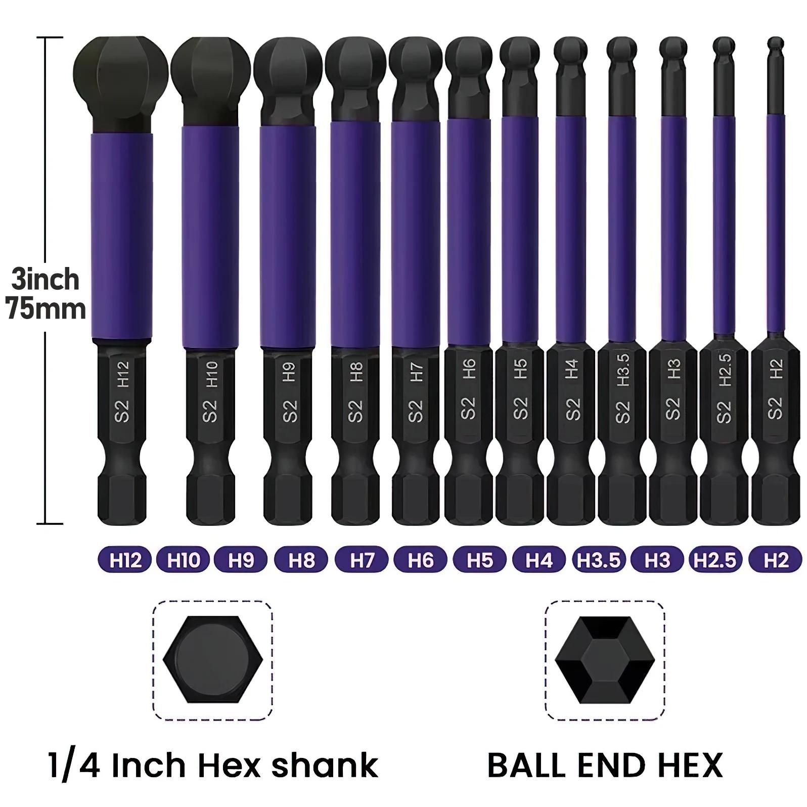 Embouts de tournevis à extrémité sphérique de 65mm, 12 pièces, tige hexagonale de 1/4 pouces, jeu d'