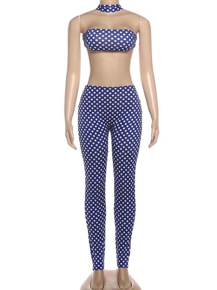 Kliou Sexy Mode 2 Pièce Ensemble Femme Polka Dot Imprimer Irrégulière Halter Dos Nu Débardeurs + Ski