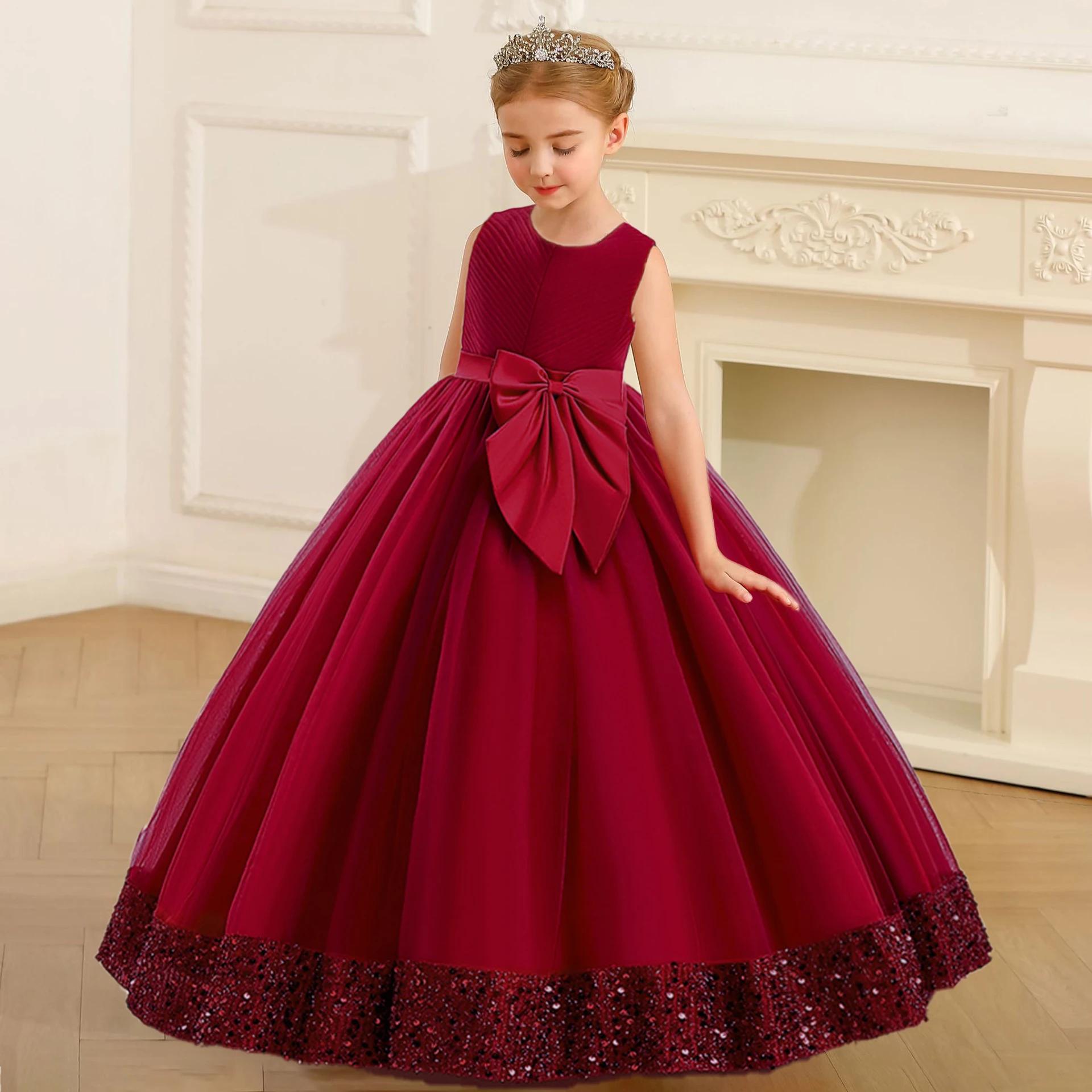 Robe princesse de demoiselle d'honneur à paillettes moelleuses pour filles, avec nœud élégant, rose,