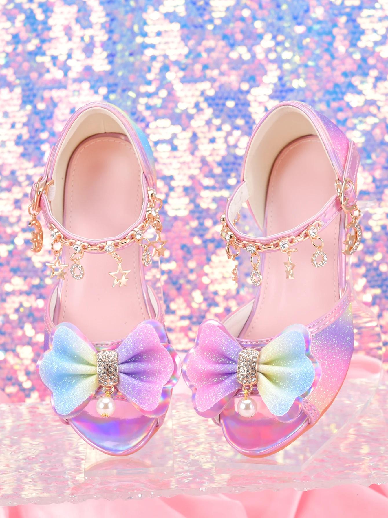 Chaussures à talons hauts à paillettes arc-en-ciel pour filles, sandales de fête pour spectacle de d