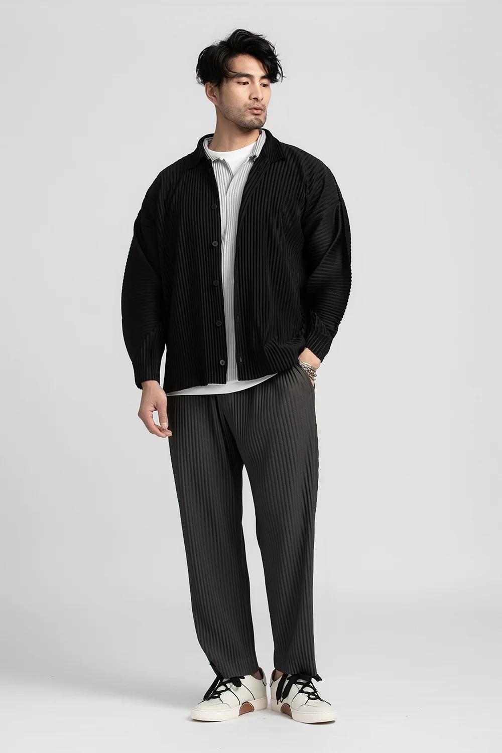 Miyake chemise plissée chemise à revers noir à manches longues t-shirt pour hommes manteau décontrac