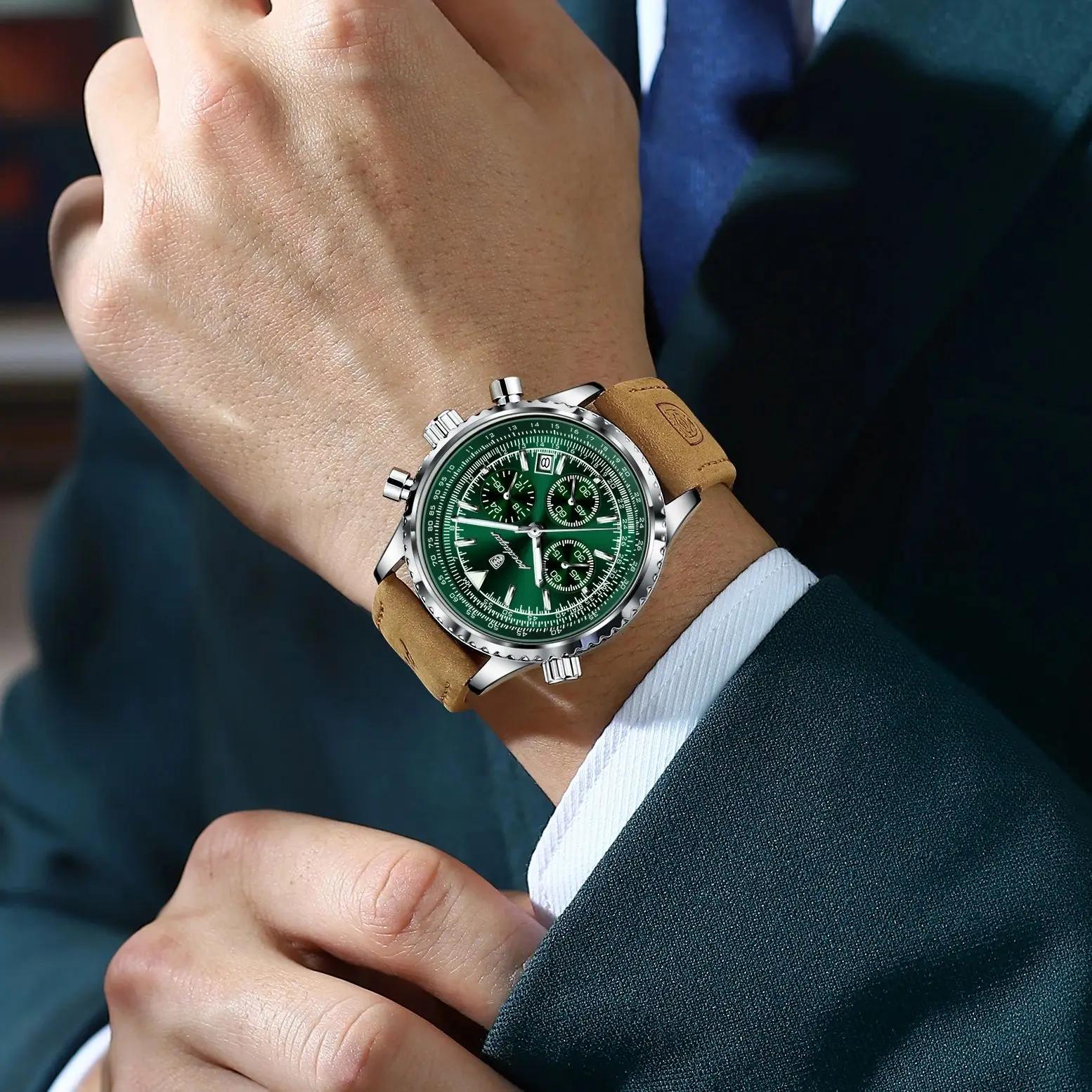POEDAGAR montre pour hommes d'affaires de luxe étanche lumineux Date chronographe en cuir homme horl