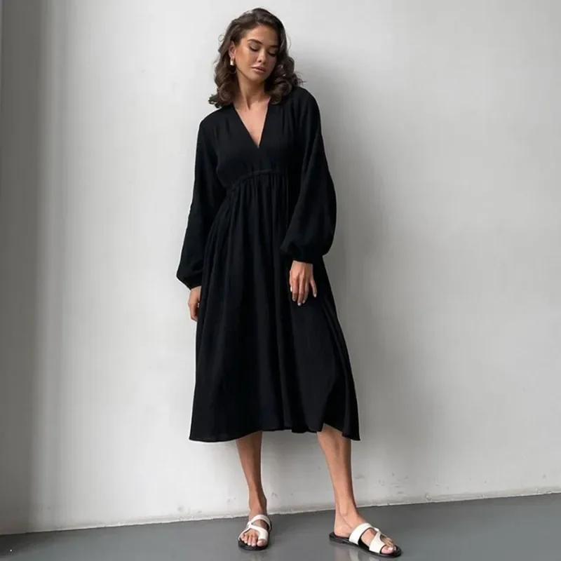 Robes élégantes en mousseline de coton pour femmes, manches longues, col en V, décontracté, fête, va