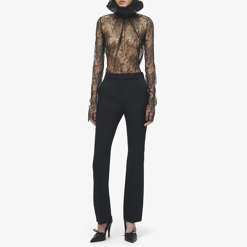TWOTWINSTYLE Chemise chic en dentelle noire à empiècements pour femme, col rond, manches longues, am