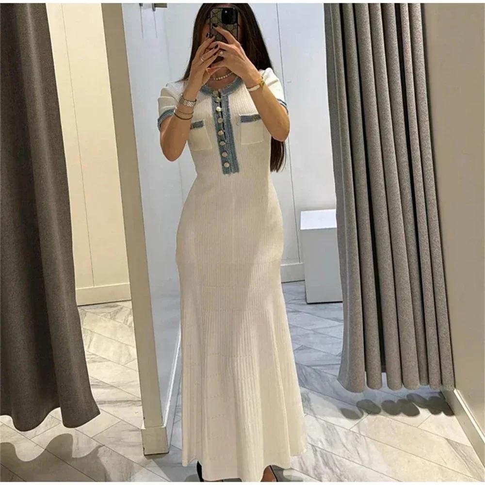 Robe Maxi en tricot pour femmes, élégante, contrastée, Chic, col rond, manches courtes, boutons méta