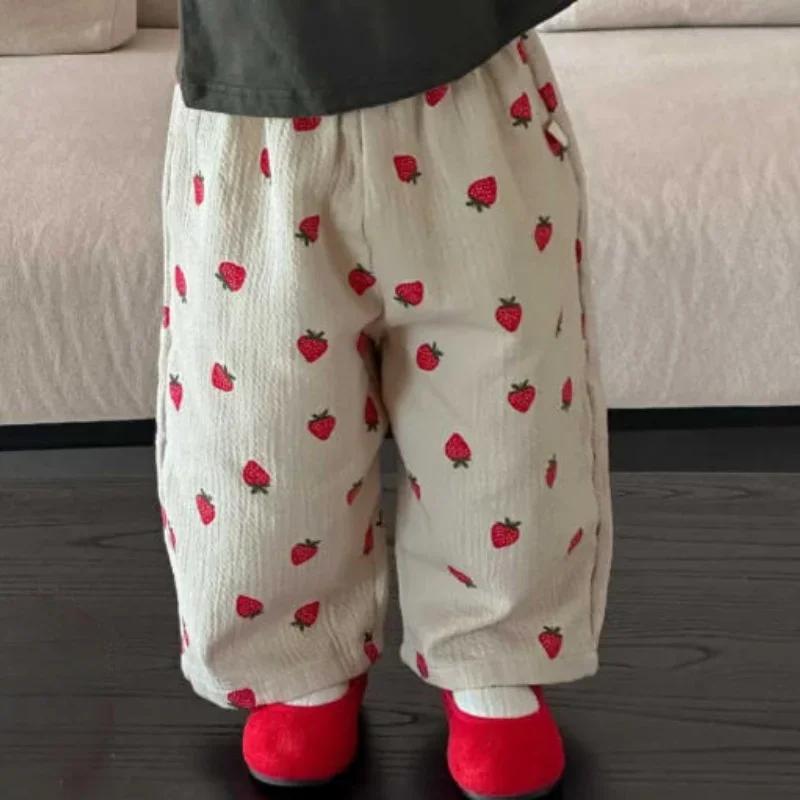 Pantalon d'automne pour fille, imprimé fraise, taille élastique, abricot, Long, décontracté, pour en