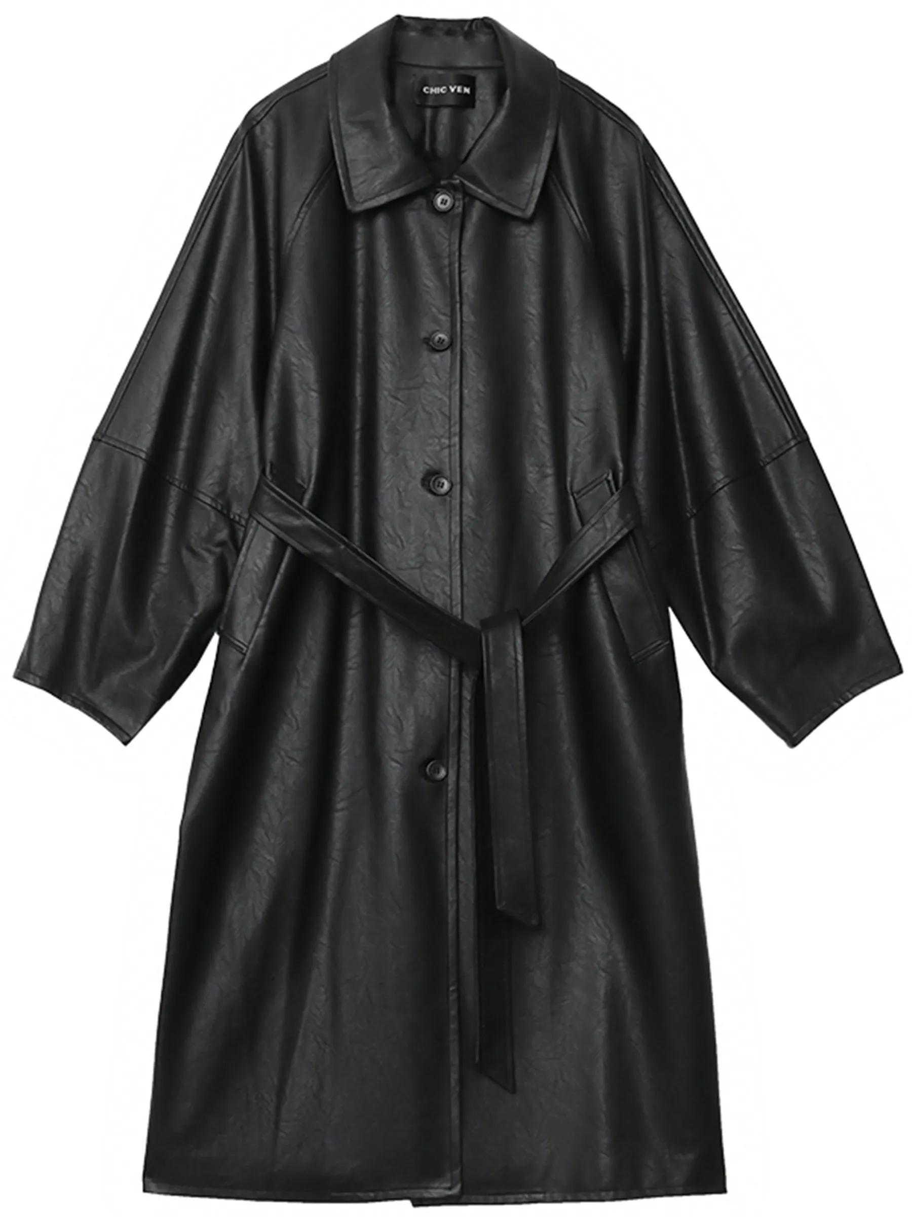 Manteau long en PU pour femme CHIC VEN, nouveau modèle décontracté avec ceinture, en similicuir, cou