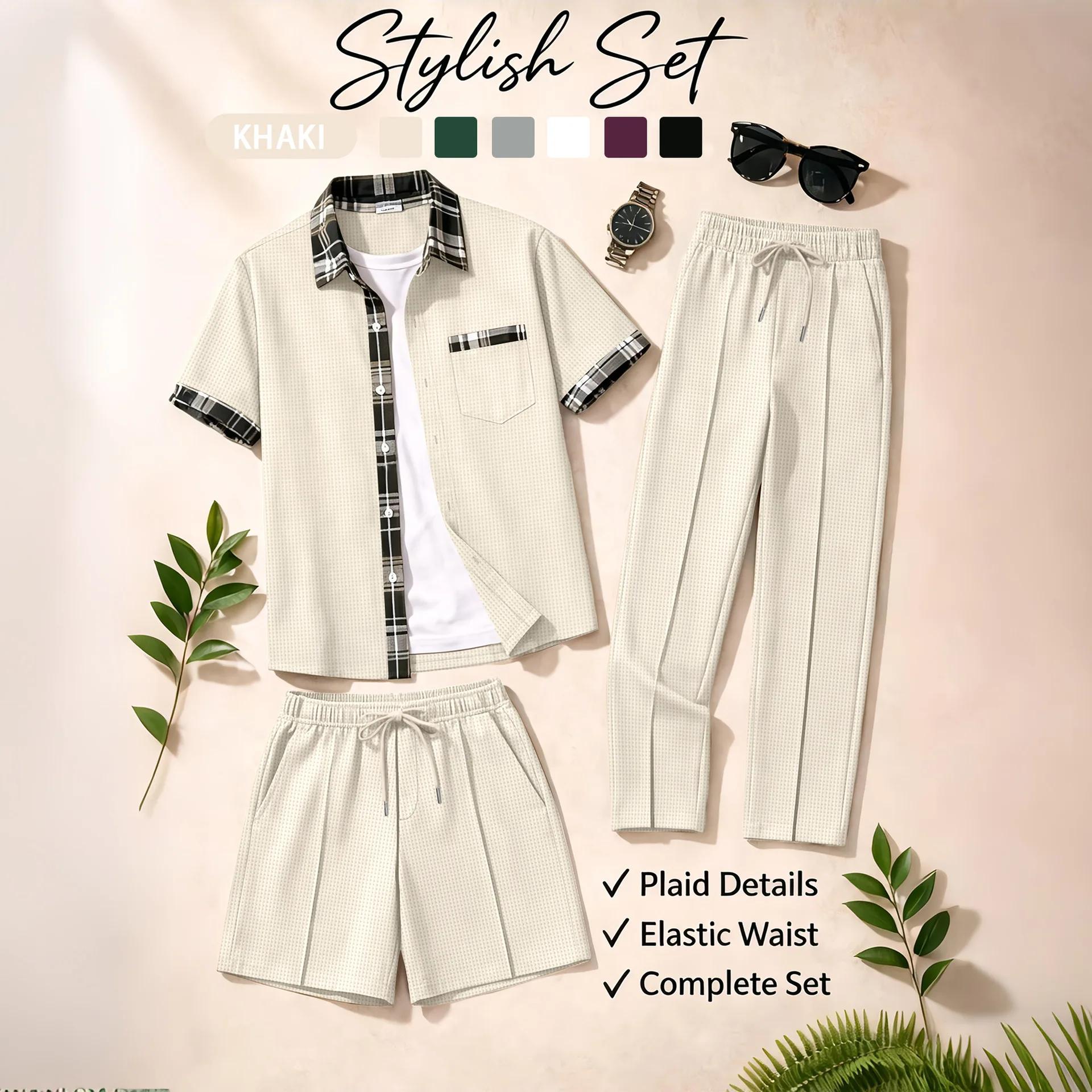 Ensemble de survêtement en tricot gaufré 3 pièces pour homme |   Ensemble chemise boutonnée à carrea