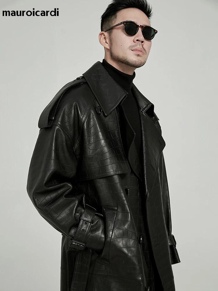 Mauroicardi printemps automne longue noir Crocodile imprimé Pu cuir Trench manteau hommes ceinture D
