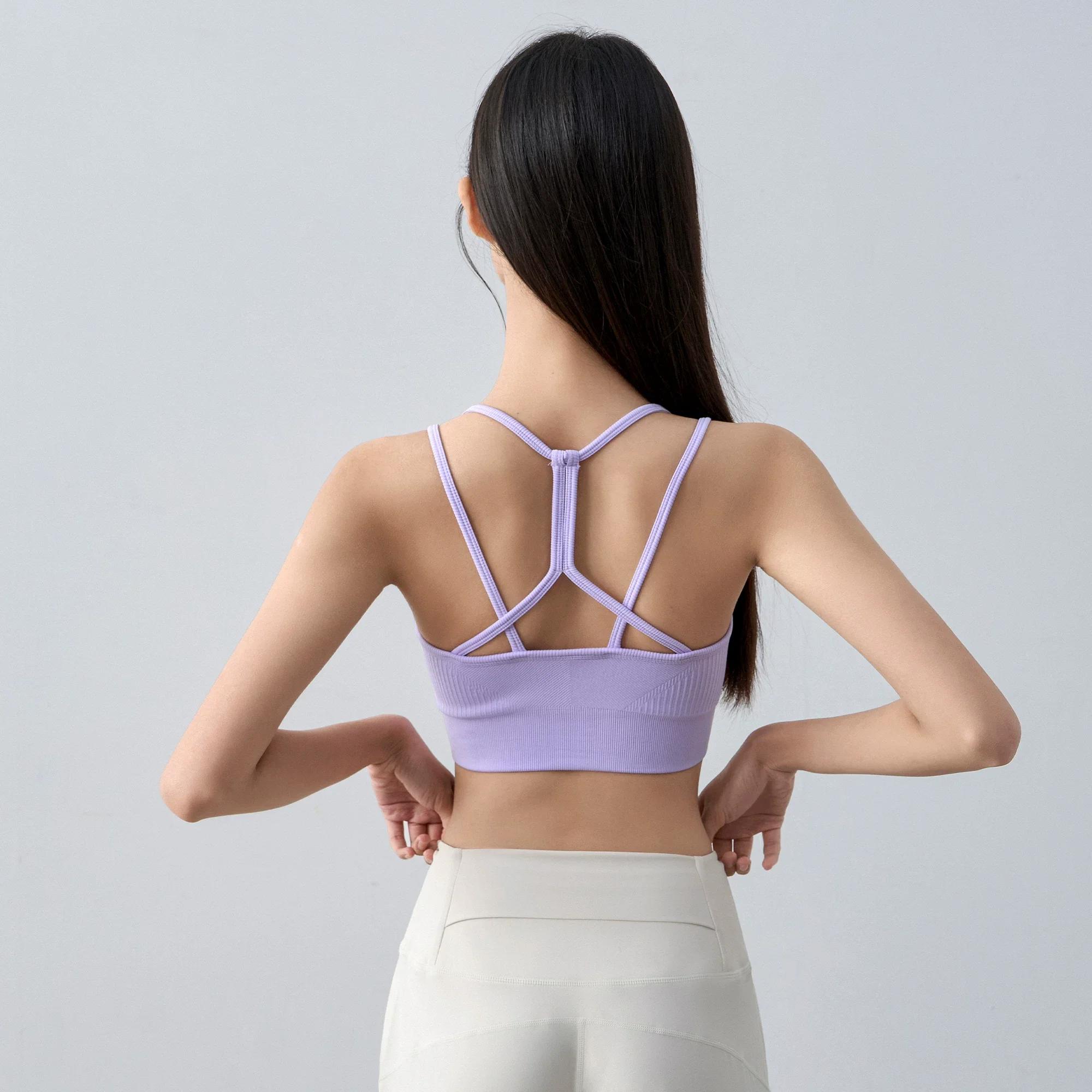 Débardeur de sport sans couture extensible pour femme avec bretelles spaghetti et dos nu - avec cous