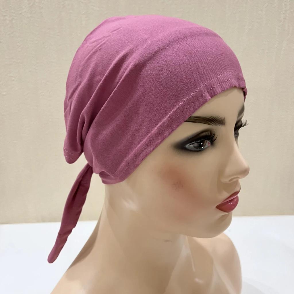 H048 coton uni cravate dos chapeaux Turban musulman couleur Pure extensible intérieur Hijabs sous-éc