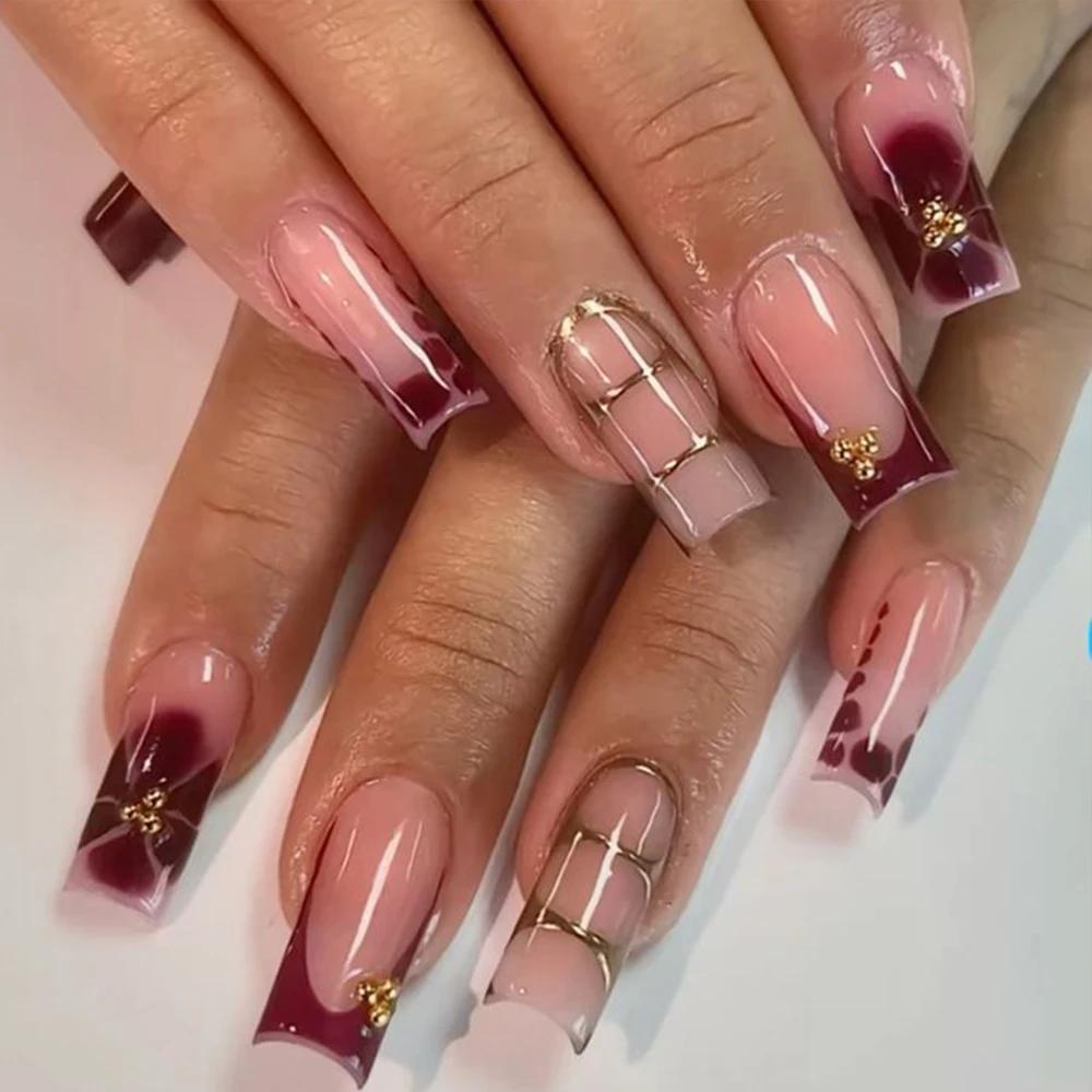 Faux ongles français en forme de cercueil, fleur rétro, longs, Caviar, perle florale, or, Design cre