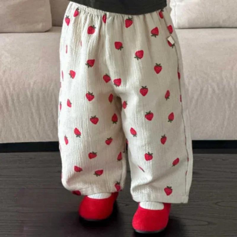 Pantalon d'automne pour fille, imprimé fraise, taille élastique, abricot, Long, décontracté, pour en