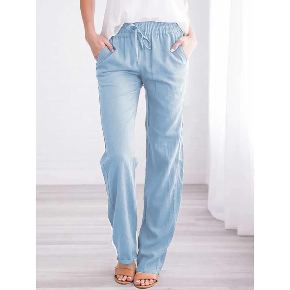 Pantalon en coton et lin pour femmes, avec cordon de serrage, taille élastique, décontracté, couleur