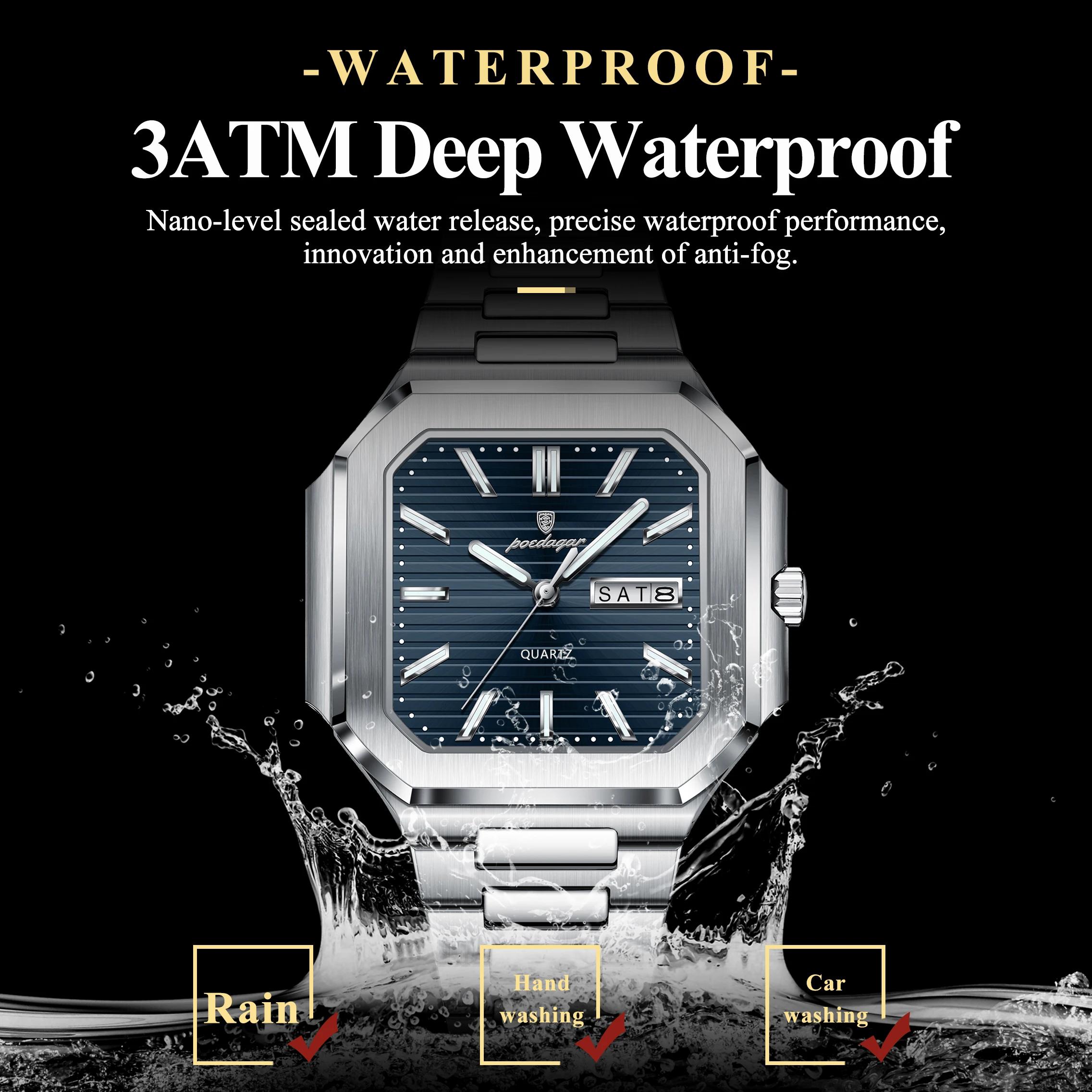 POEDAGAR affaires homme montre étanche lumineux Date semaine classique montres pour hommes en acier 