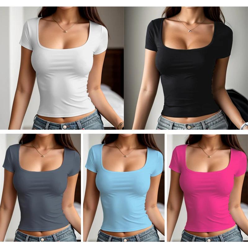 T-shirt à manches courtes pour femmes, couleur unie, col carré élastique, coupe cintrée, Sexy, Y2k, 