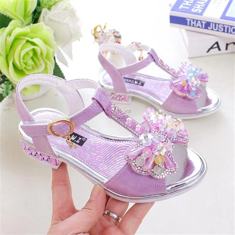 Sandales à talons plats pour filles, printemps et été, robe de princesse avec nœud, chaussures à la 