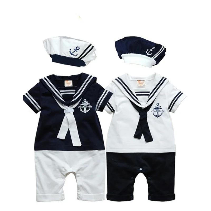 Barboteuse d'été pour bébés garçons et filles, combinaison de marin, chapeau, 2 pièces, Body manches