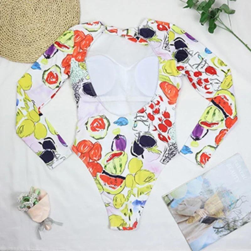 Maillot de bain une pièce sexy 2026 pour femme, manches longues, dos nu, imprimé légumes et fruits,