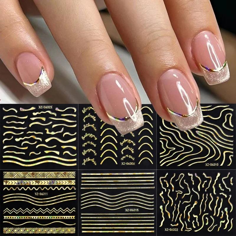 6/30 autocollants pour ongles 3D laser doré rétro, motifs floraux, étoiles, cœurs, feuilles, décorat