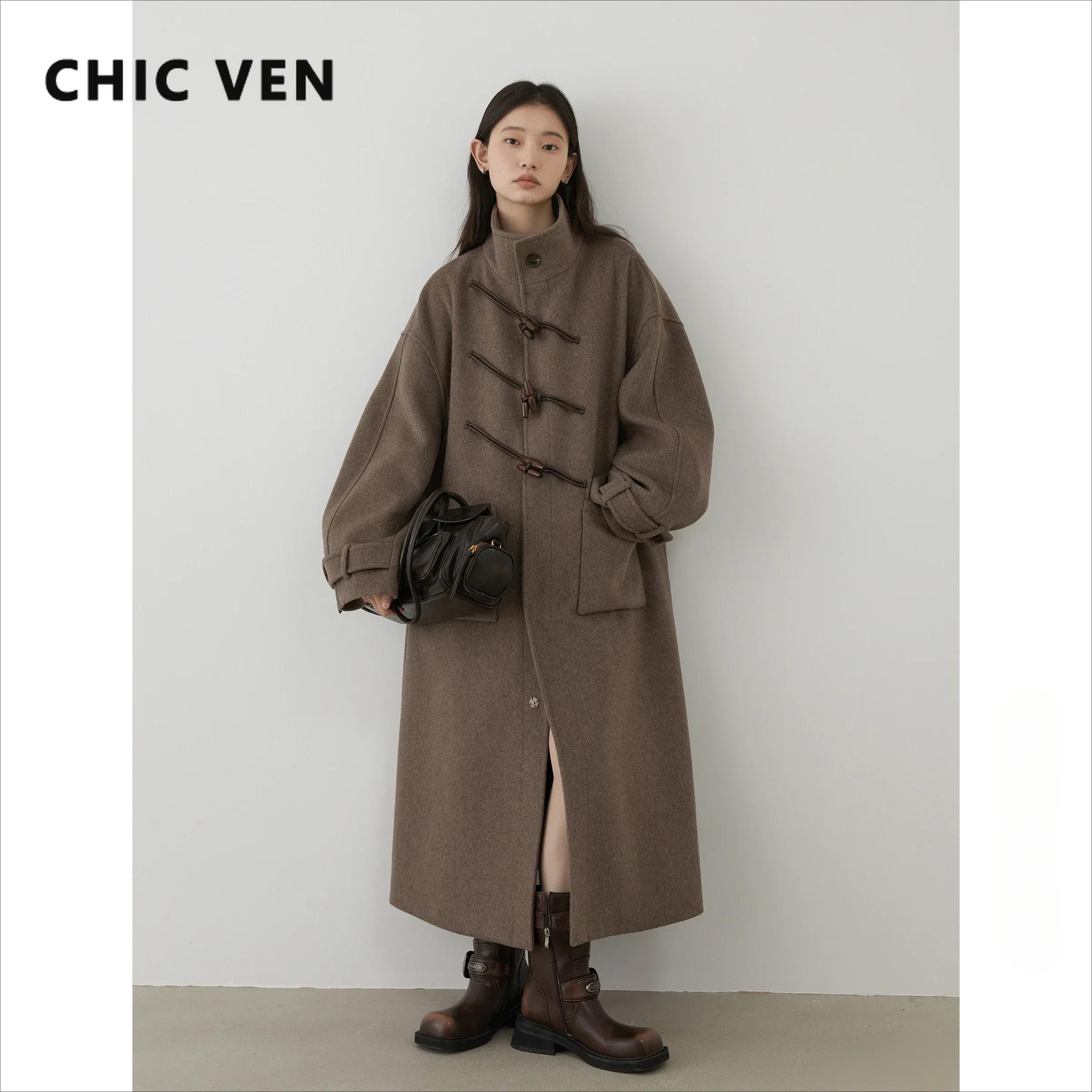 CHIC VEN-Pardessus long en laine boutonné pour femme, col montant, corne de vache, simple boutonnage