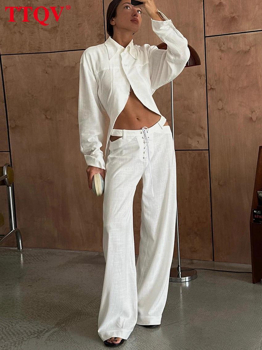TTQV – ensemble deux pièces en lin blanc pour femmes, ample, élégant, chemise à manches longues avec