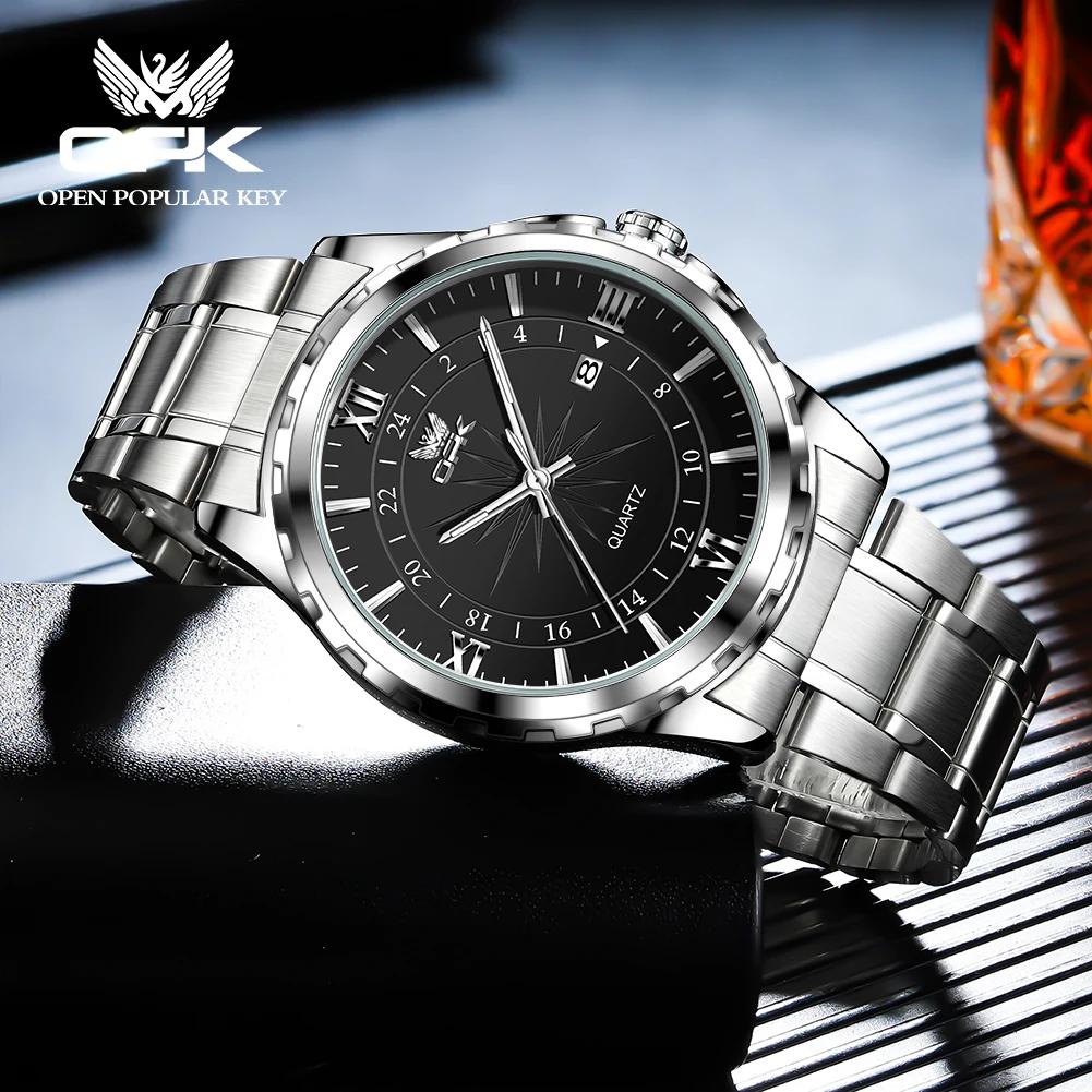 Montre à quartz pour hommes avec ceinture en acier de marque OPK à double calendrier 6003