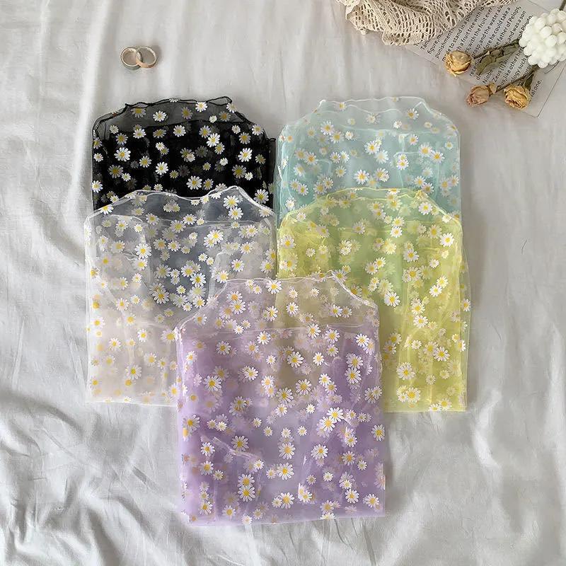 T-Shirt en maille ajourée pour femme, haut court à motif de fleur de marguerite, sexy, Transparent, 