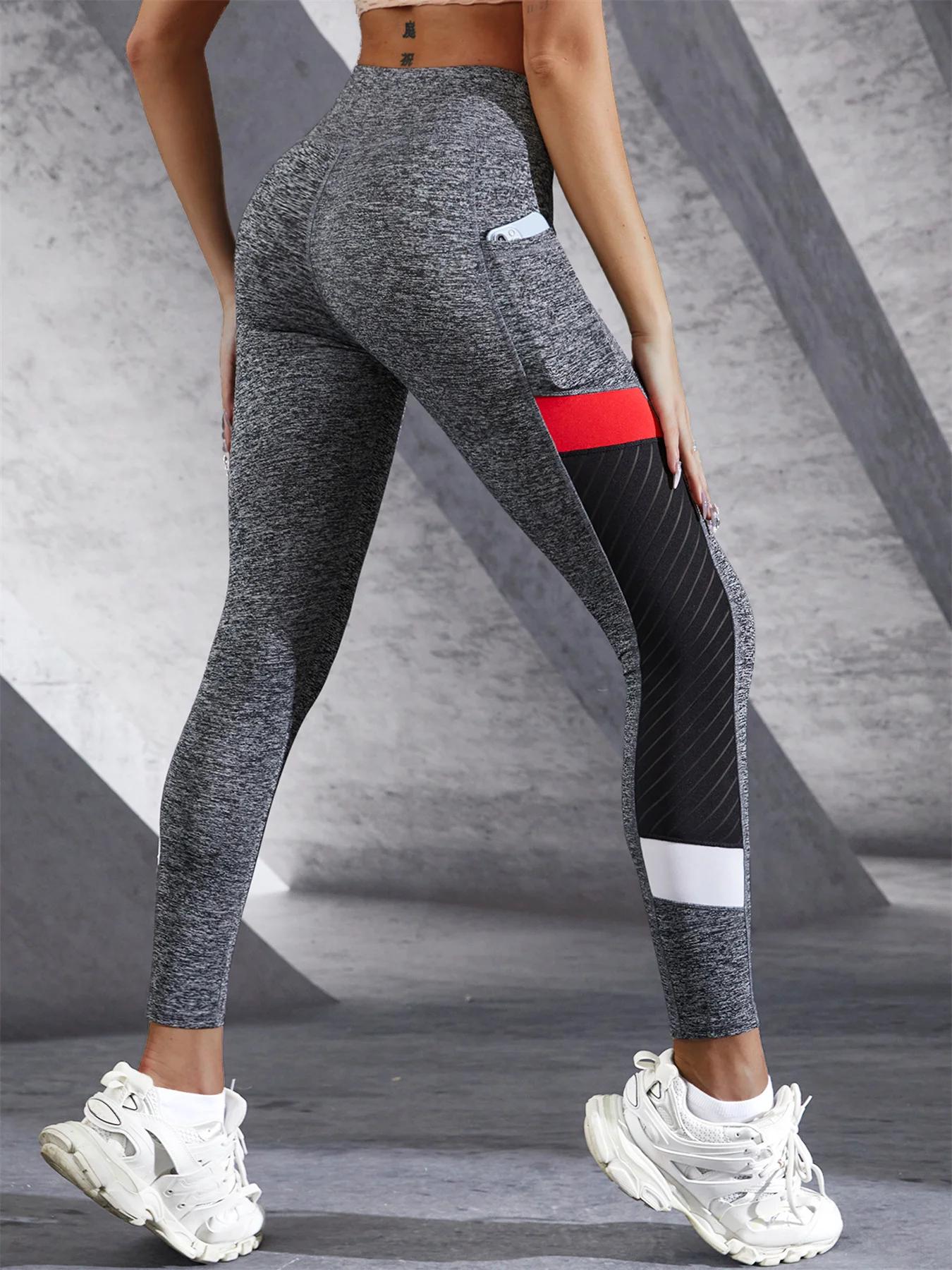 Pantalon de Yoga taille haute en maille colorée avec poches - Leggings femme contrôle ventre