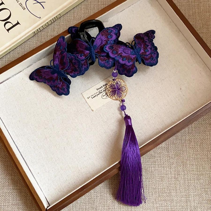 Pinces à cheveux papillon tricotées de Style chinois pour femmes, longues fleurs violettes, pompon r