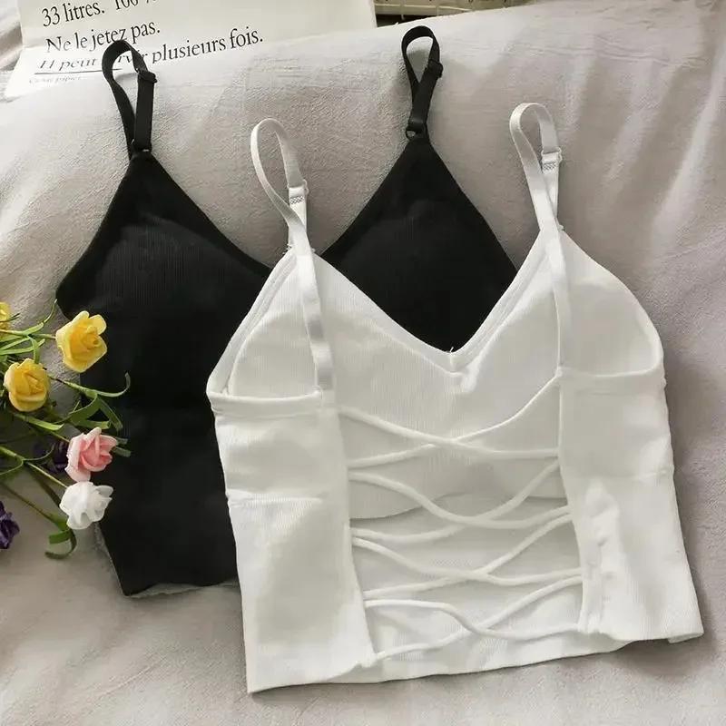 Débardeur Sexy pour femmes, soutien-gorge intégré, couleur unie, haut court, épaules dénudées, Camis