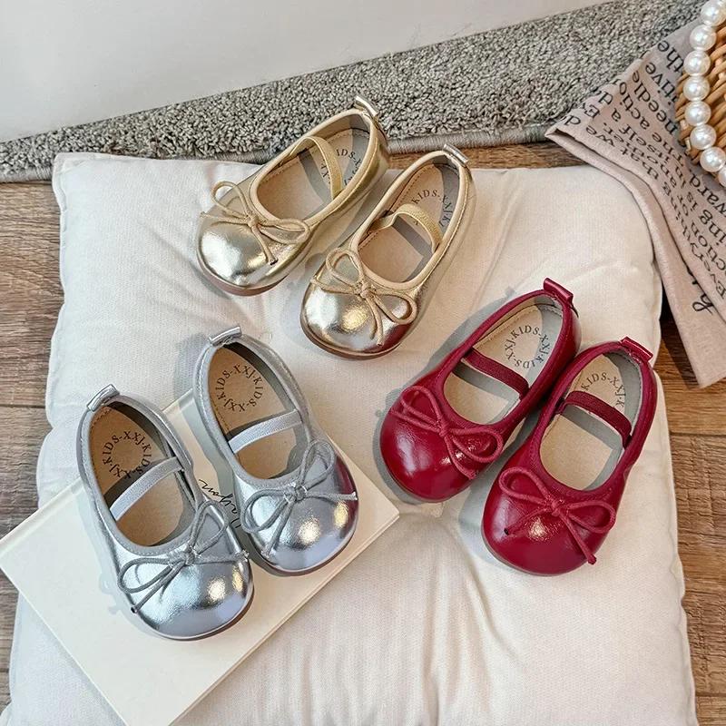 Petites chaussures en cuir pour enfants, semelle souple, nœud antidérapant, chaussures simples princ